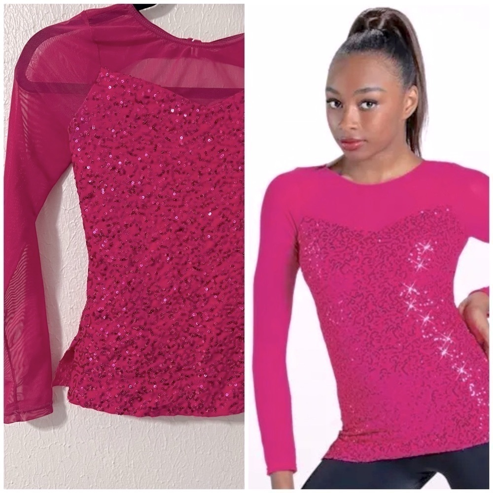 Balera Dance MC Medium (11-12) Pink Sequin Long Sleeve Fitted Top SQ12457 EUC